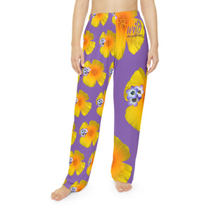 Wild Women's Pajama Pants - California Poppy and Bird's Eye Gilia - Mismatch Purple