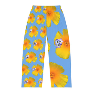 Wild Men's Pajama Pants - California Poppy & Bird's Eye Gilia - Mismatch #1 Light Blue