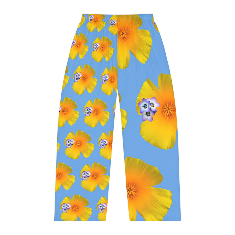 Wild Men's Pajama Pants - California Poppy & Bird's Eye Gilia - Mismatch #1 Light Blue