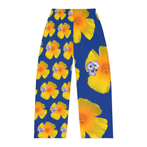 Wild Men's Pajama Pants - California Poppy & Bird's Eye Gilia - Mismatch #1 Dark Blue