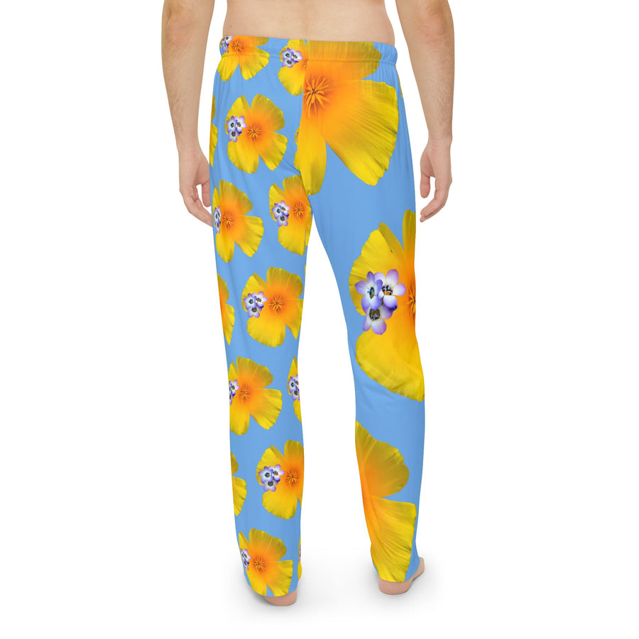 Wild Men's Pajama Pants - California Poppy & Bird's Eye Gilia - Mismatch #1 Light Blue