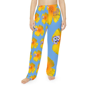 Wild Women's Pajama Pants - California Poppy and Bird's Eye Gilia - Mismatch #1 Light Blue