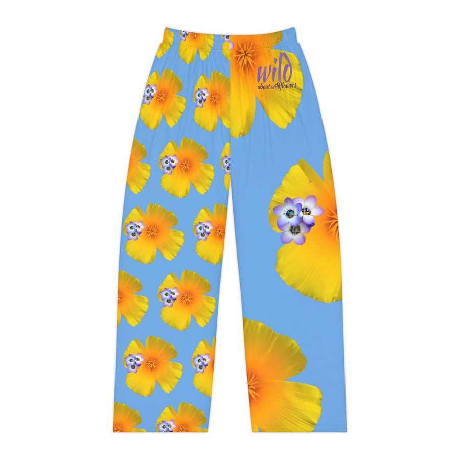 Wild Women's Pajama Pants - California Poppy and Bird's Eye Gilia - Mismatch #1 Light Blue