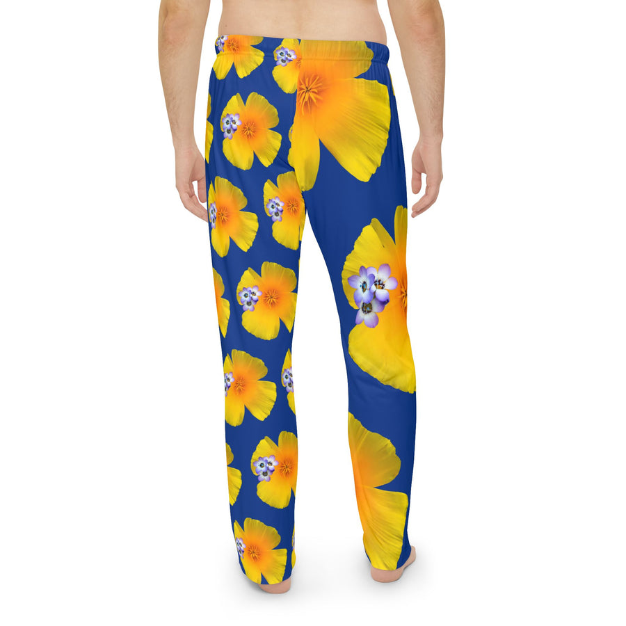 Wild Men's Pajama Pants - California Poppy & Bird's Eye Gilia - Mismatch #1 Dark Blue