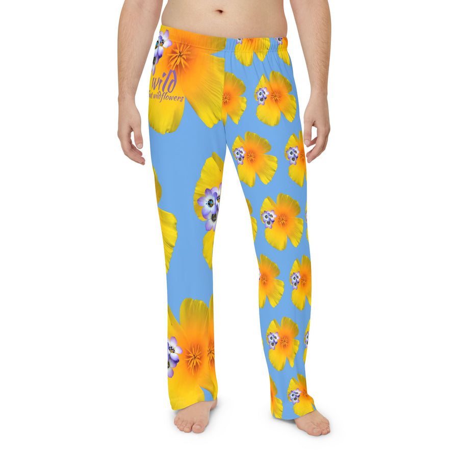 Wild Men's Pajama Pants - California Poppy & Bird's Eye Gilia - Mismatch #1 Light Blue