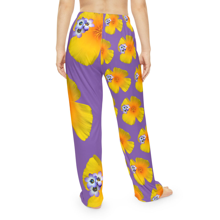 Wild Women's Pajama Pants - California Poppy and Bird's Eye Gilia - Mismatch Purple